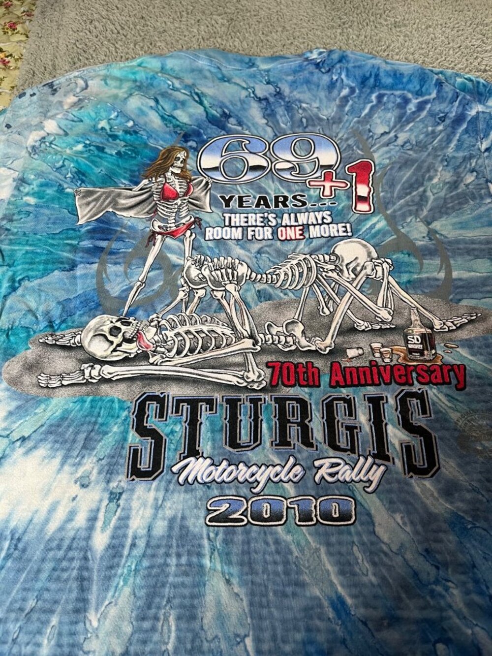 Sturgis Motorcycle Rally 2010 Anniversary Tie-Dye T-Shirt Mens M Blue Skeleton G